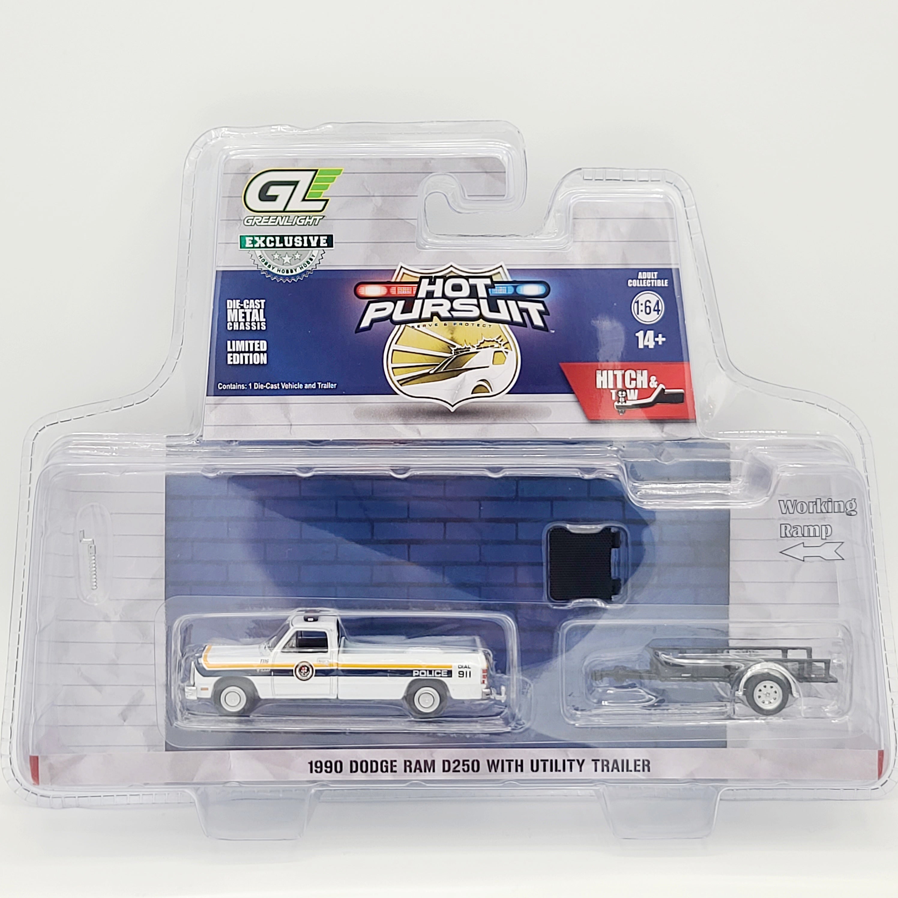 GreenLight '90 Dodge Ram D250 / Utility Trailer - 1:64, Philadelphia Police (2025 Hot Pursuit Hitch & Tow Series 1)